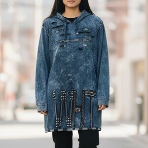 Signet Acid Wash Studded Ripped Long Sleeve Hooded Dress